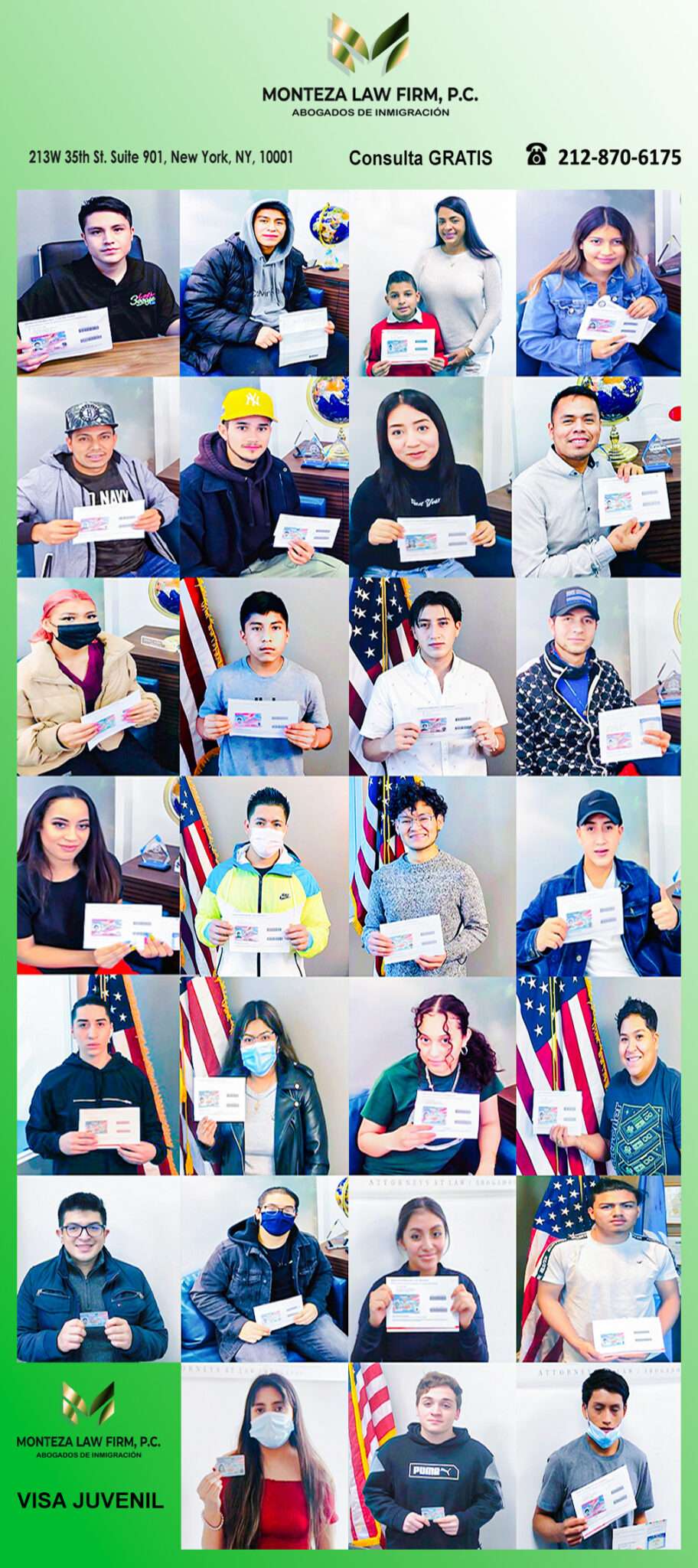 alt="Clientes jovenes latinos hispanos con sus residencia permanente Green Card, ejemplos de casos de migracion y visas juveniles ganados por los expertos abogados migrantes de NY, NJ, CT"