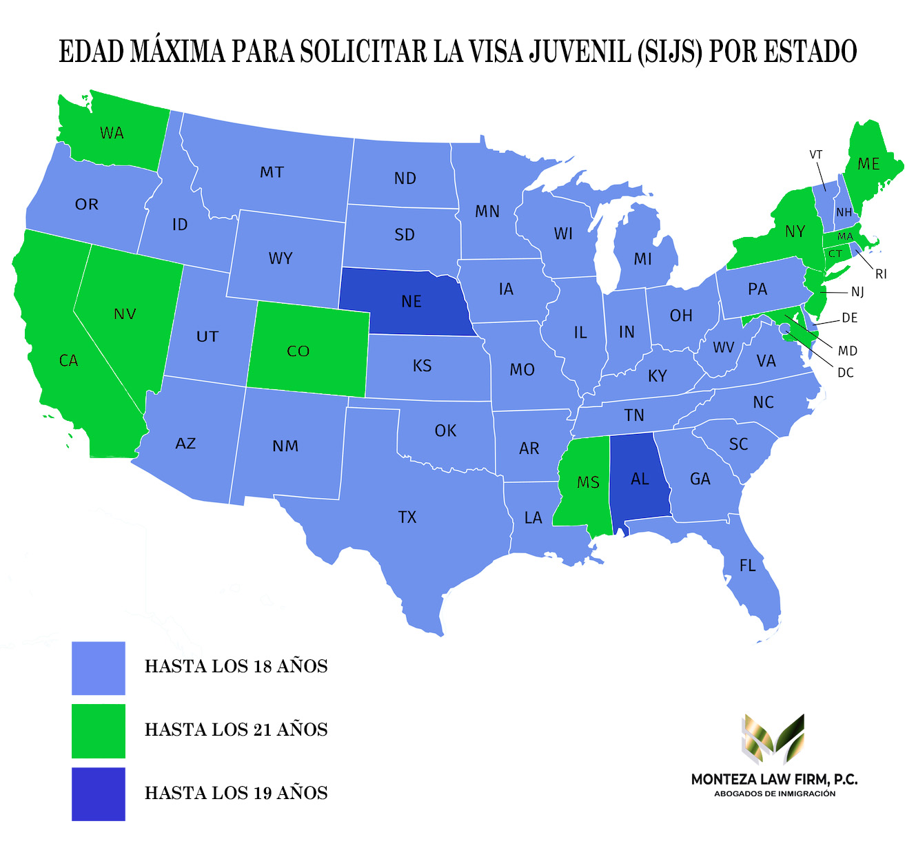 alt="Mapa de Estados Unidos con la edad maxima para la visa o residencia juvenil SIJS. Area triestatal hasta los 21 años"
